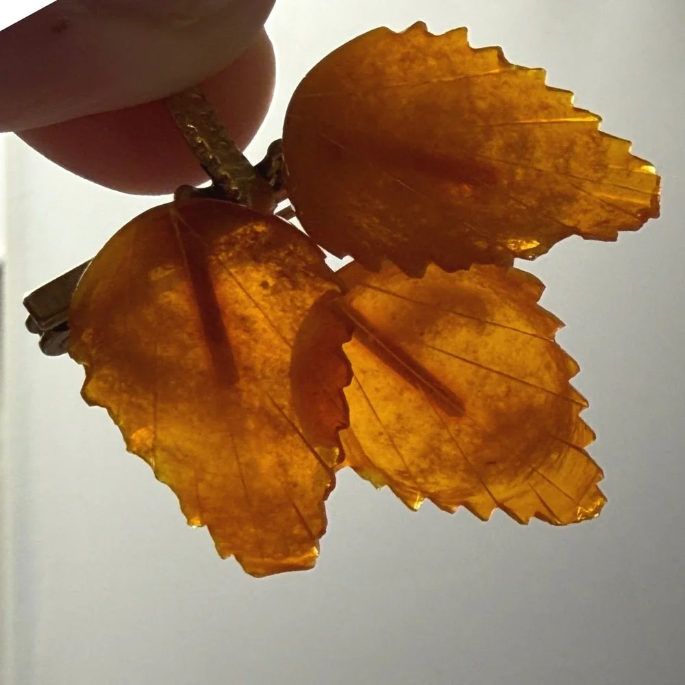 Vintage Amber Brooch Leaf Gold Tone Fall